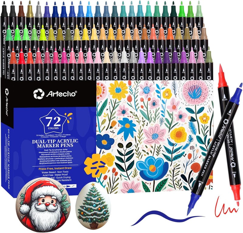Artecho Markers طلاء أكريليك 72 لون، أقلام طلاء أكريليك مع طرف فرشاة وطرف دقيق للرسم على الحجر، الصخور، الورق، اليقطين، الخشب، البيض، القماش، السيراميك، القماش، الجلد، الزجاج، الحرف اليدوية DIY - Image 1